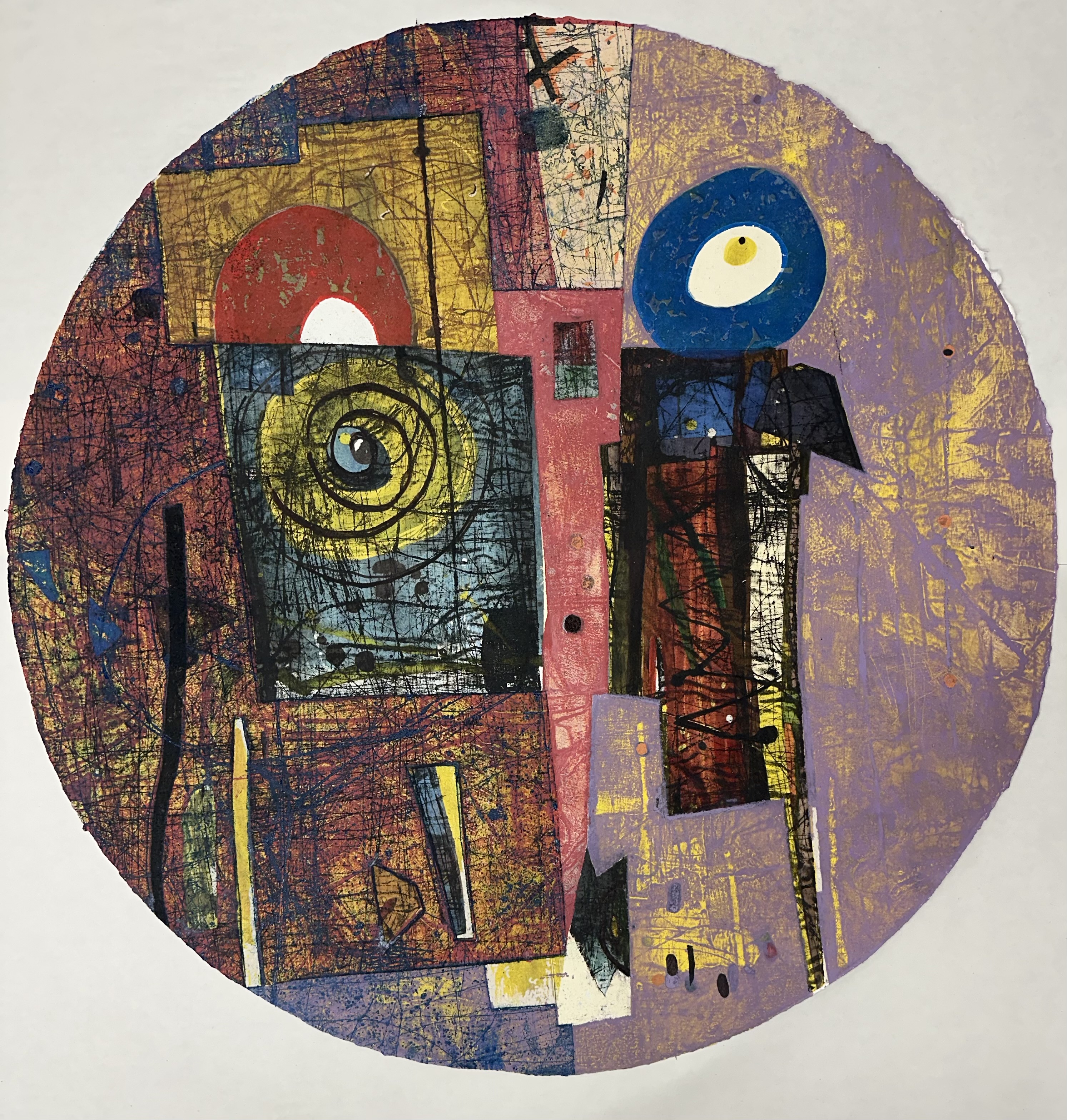 “My Gardens”, 2024, intaglio and relief print on PVC with automotive glass, 56 × 76 cm